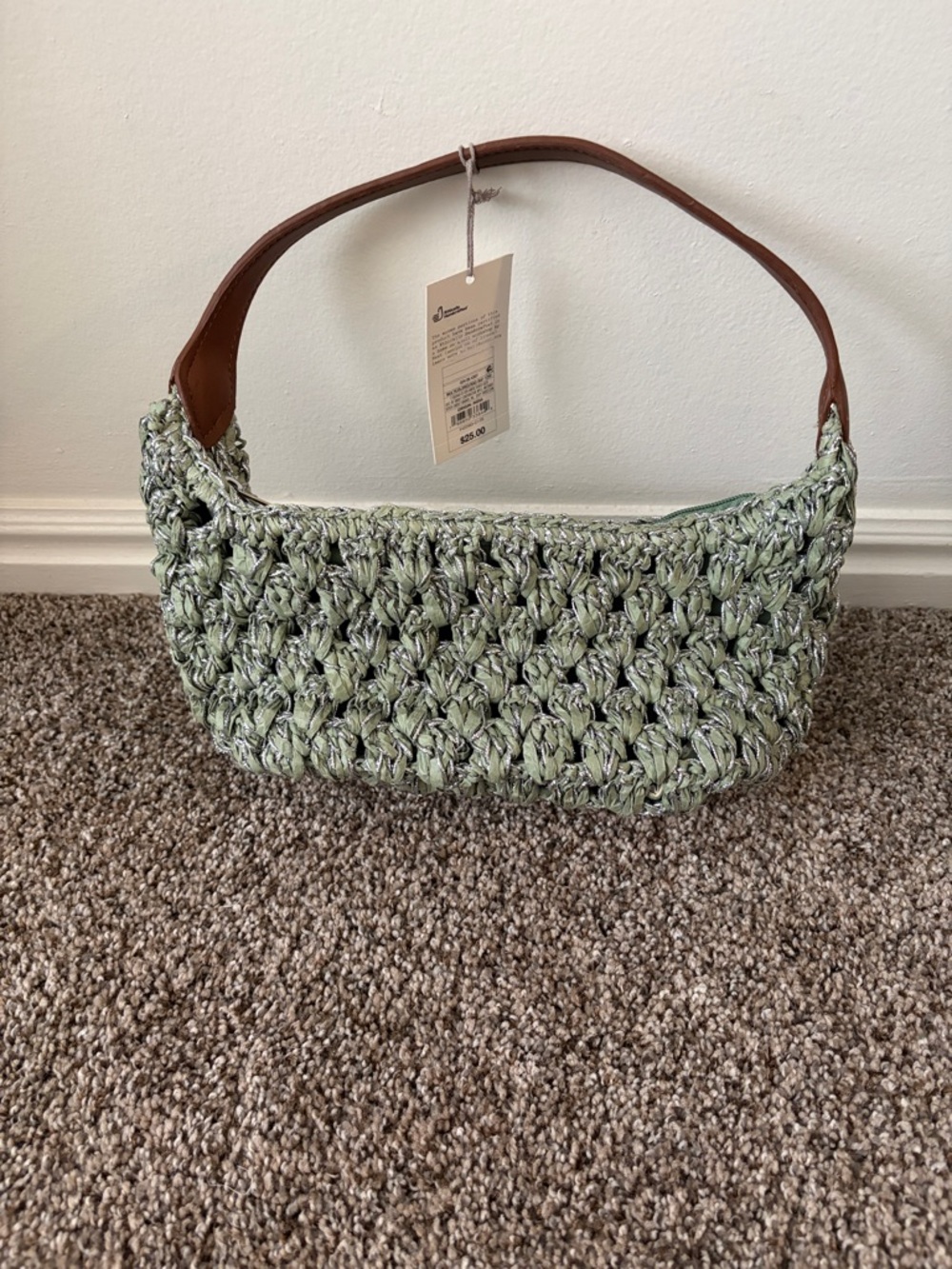 Handwoven Light Green Crochet Shoulder Bag with Brown Strap